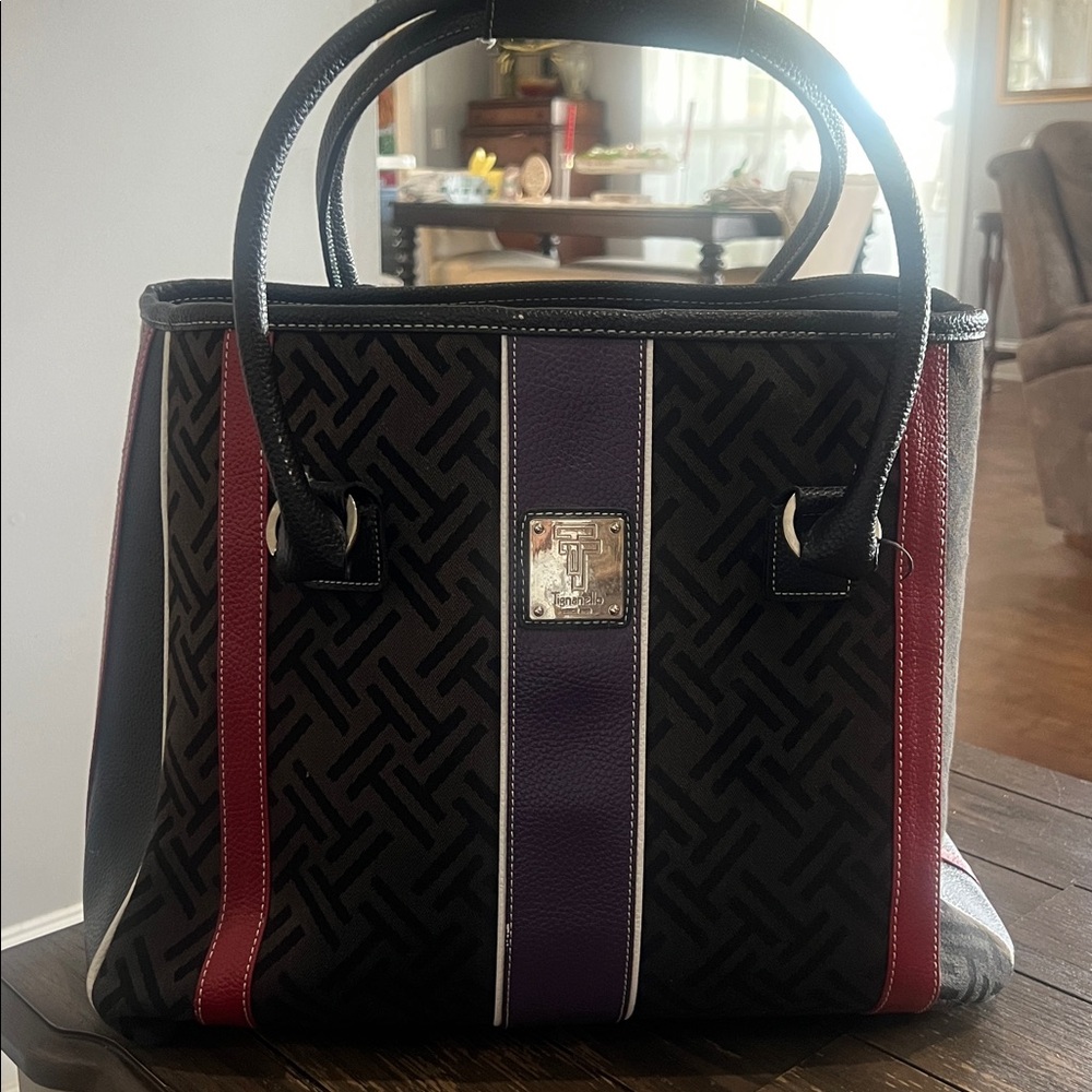 Designer-Inspired Black Tote with Purple and Red Stripe Accents - Picture 12 of 12